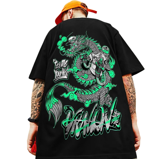 חולצת טי אוברסייז כותנה עם הדפס דרקון גרפי