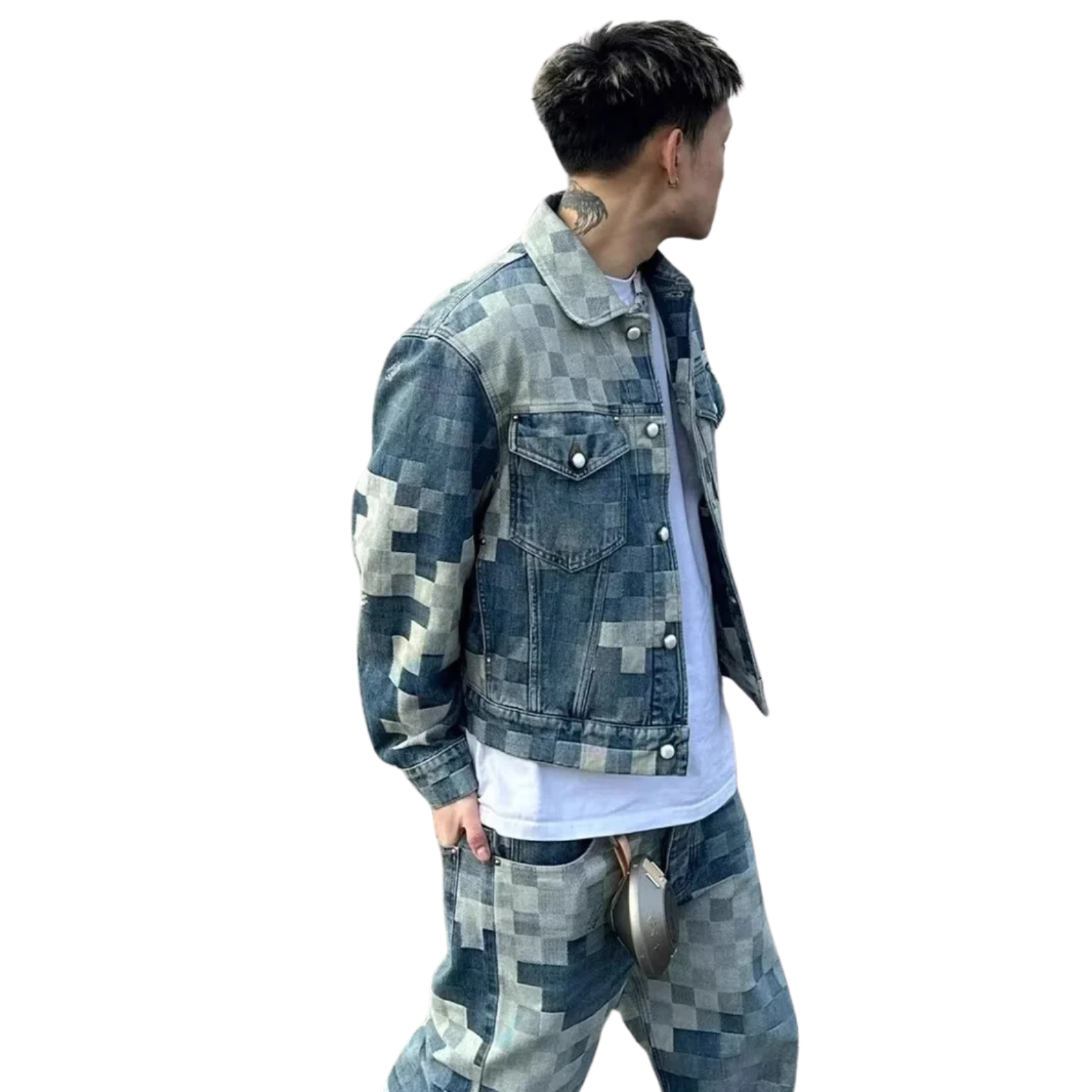 חליפת ג׳ינס פיקסלים  סטייל דיגיטלי מהרחוב